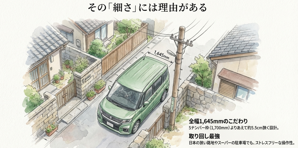 全幅1,645mmという5ナンバー枠よりあえて狭い設計が、日本の狭い道路での取り回し最強の操作性を生んでいることを説明する図解スライド。