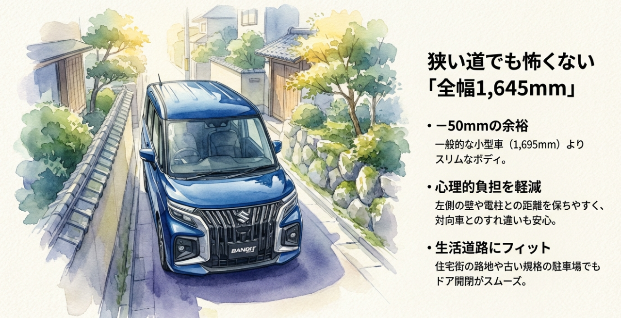 全幅1645mmのスリムなボディがもたらす心の余裕。対向車とのすれ違いや狭い道での安心感を解説。