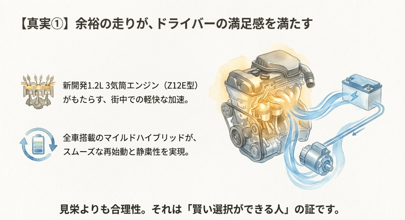 新開発1.2L 3気筒Z12E型エンジンとマイルドハイブリッドの仕組み。街中での軽快な加速と静粛性を両立し、見栄より合理性を選ぶ賢い選択であることを強調。
