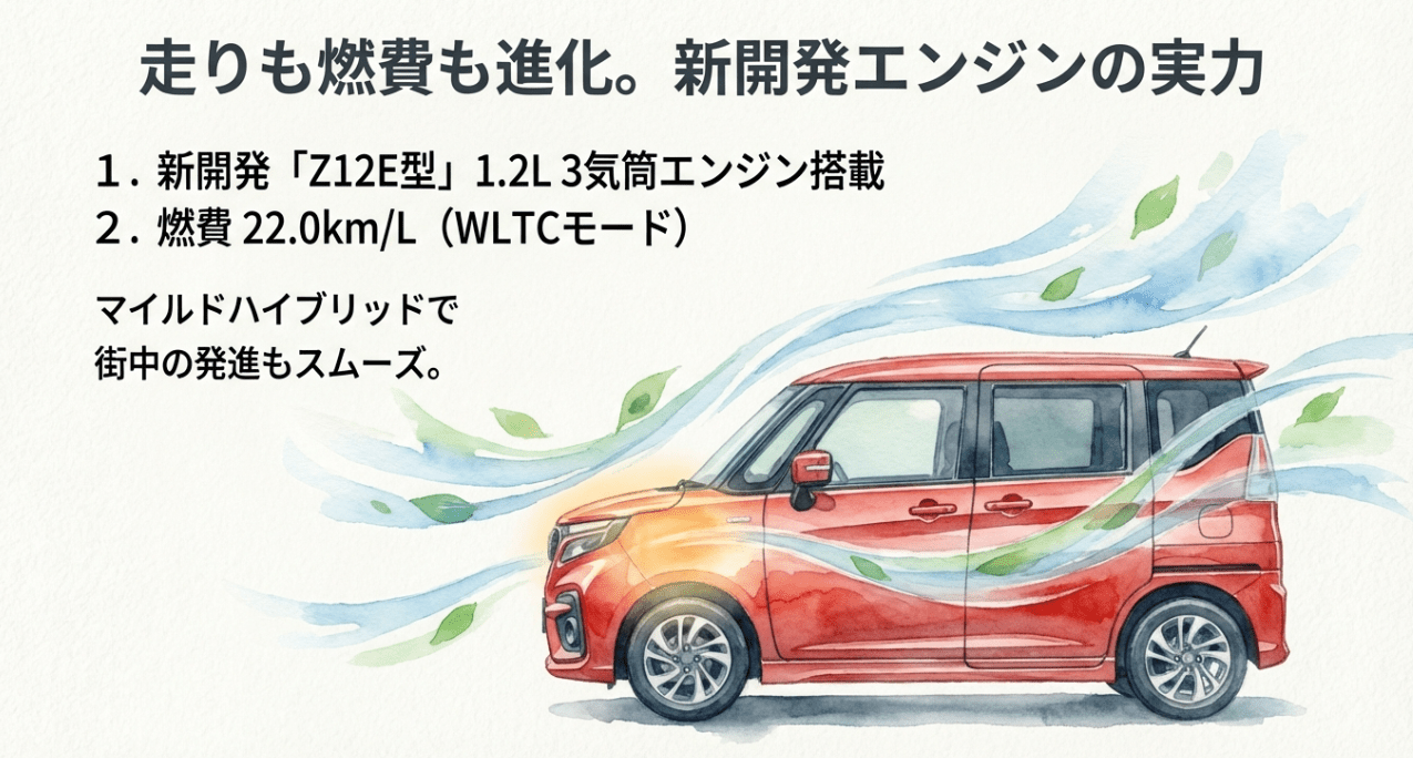 新開発Z12E型エンジンの特徴とWLTCモード燃費22.0km/Lを紹介するスライド