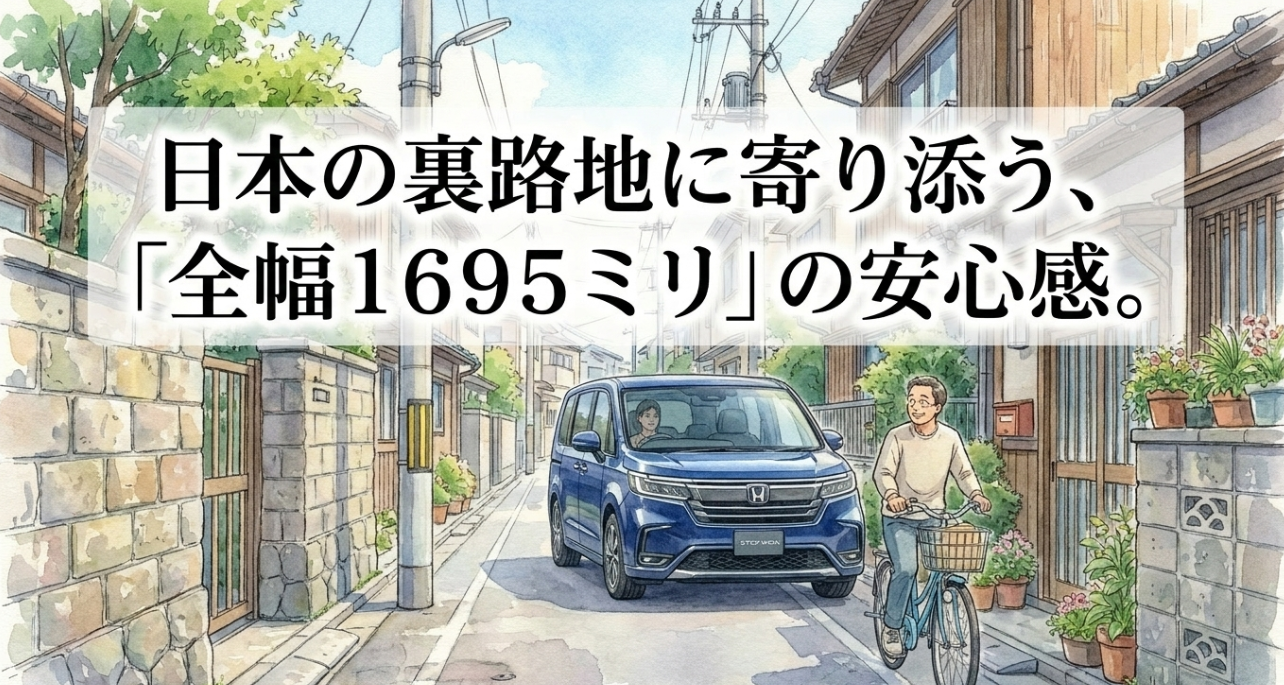 全幅1695ミリの旧型ステップワゴンが日本の狭い路地で扱いやすいことを示したスライド