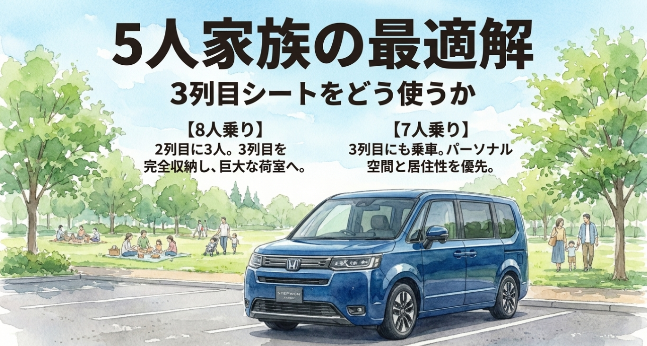 5人家族がステップワゴンの7人乗りと8人乗りを選ぶ際のポイントを比較するスライド