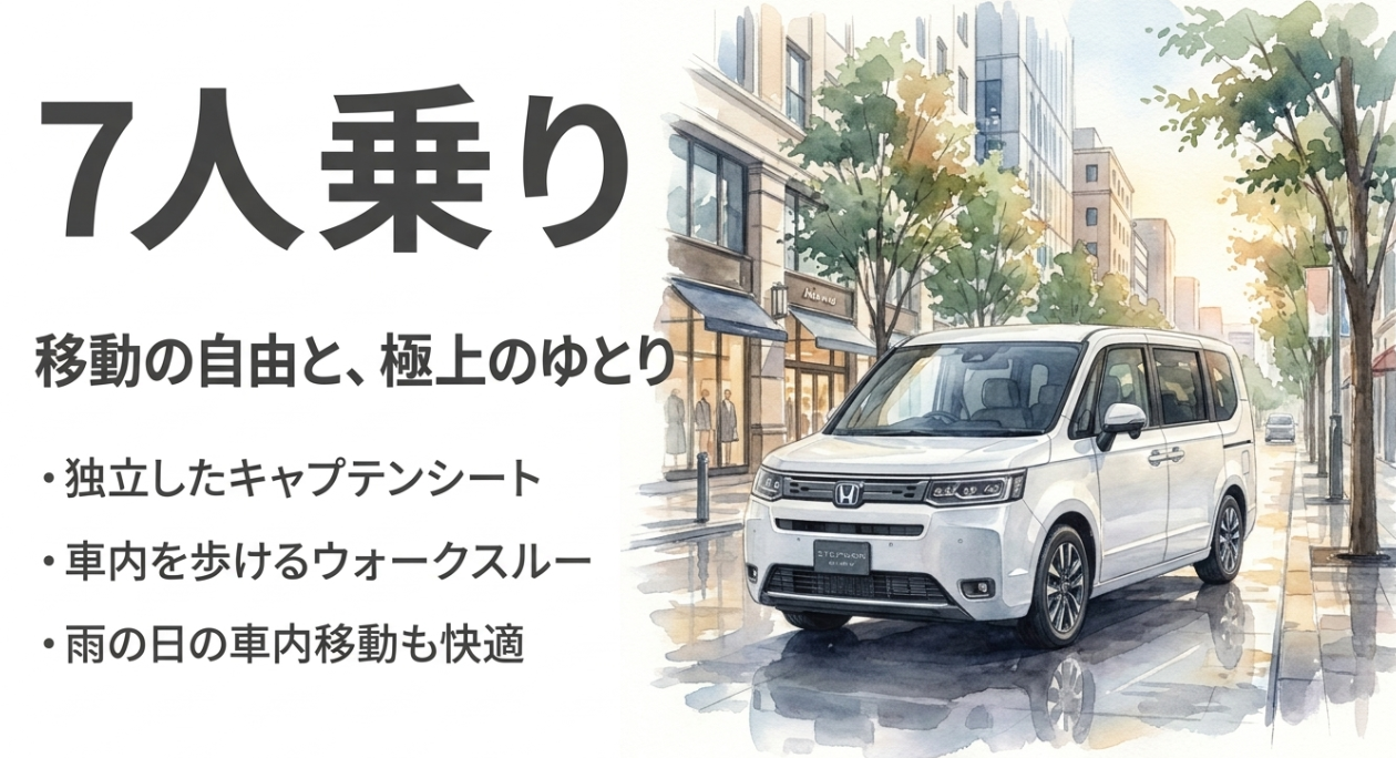 ステップワゴン7人乗りのキャプテンシートとウォークスルーの快適性を説明するスライド