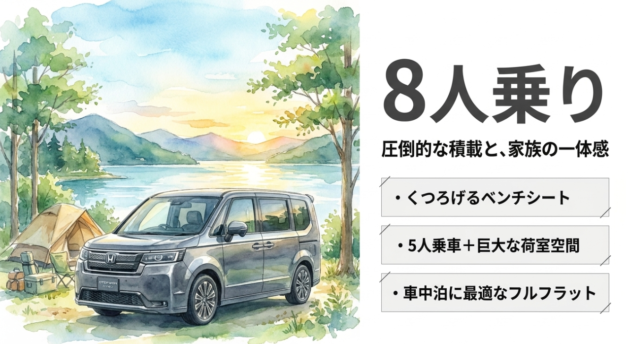ステップワゴン8人乗りのベンチシートや車中泊向きのフルフラット空間を説明するスライド
