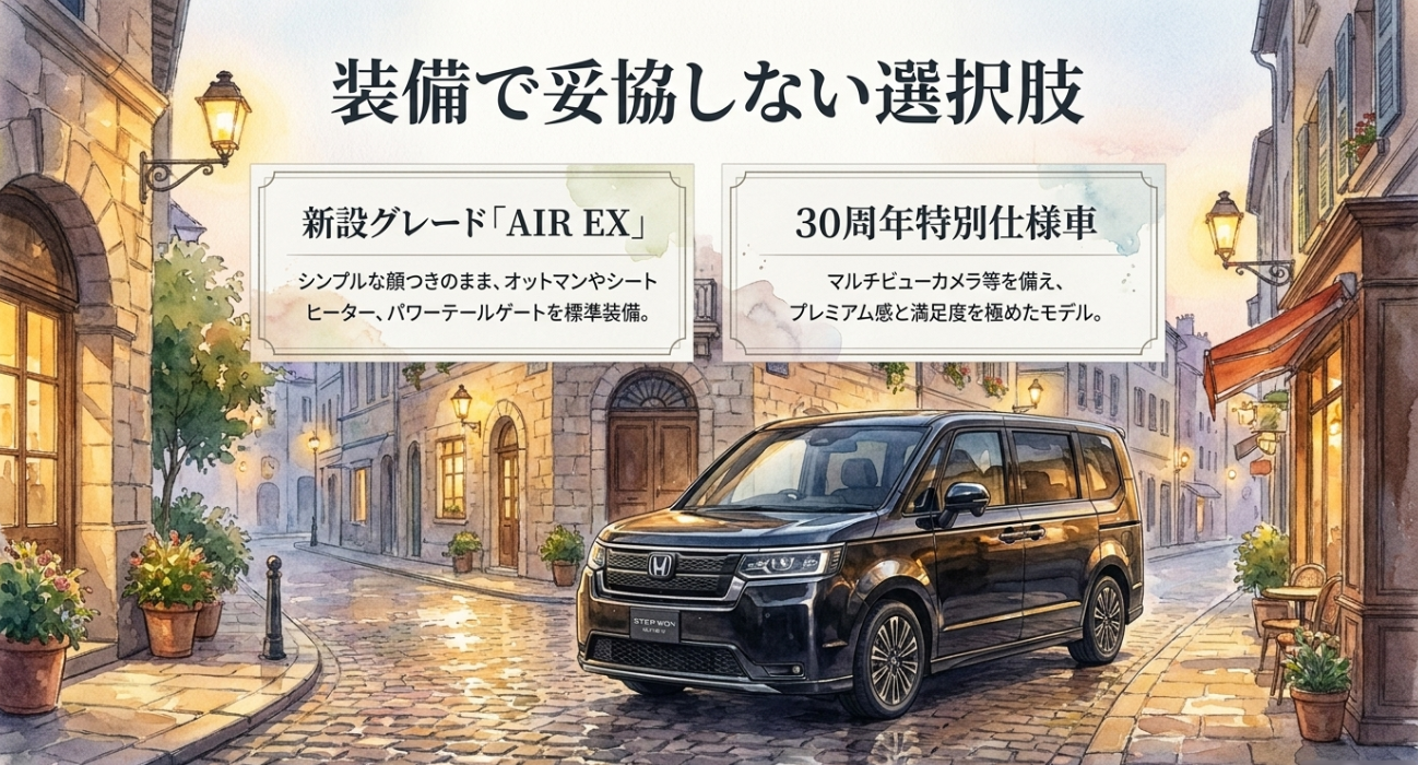 ステップワゴンAIR EXと30周年特別仕様車の装備充実を紹介するスライド