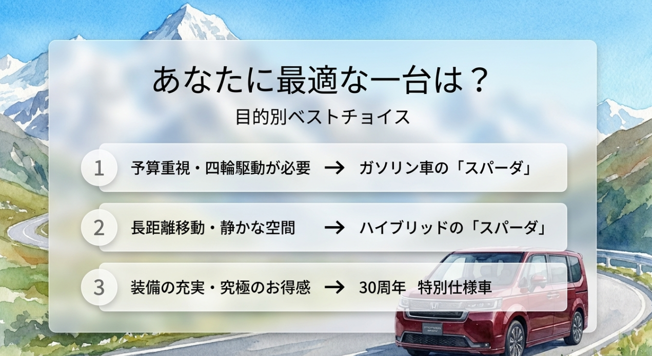 予算重視ならガソリンのスパーダ、長距離移動ならハイブリッドのスパーダ、装備重視なら30周年特別仕様車をすすめる図