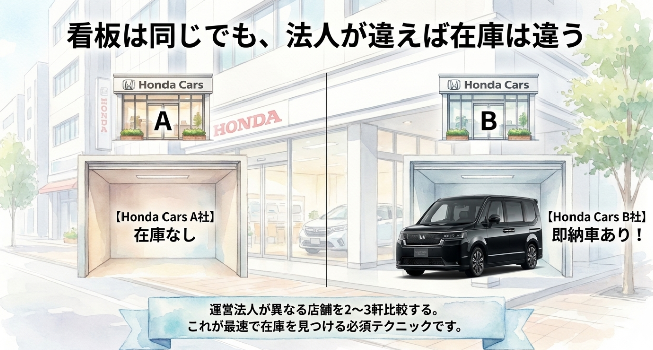 運営法人が異なるホンダカーズを比較するとステップワゴンの在庫状況が違うことを示すスライド