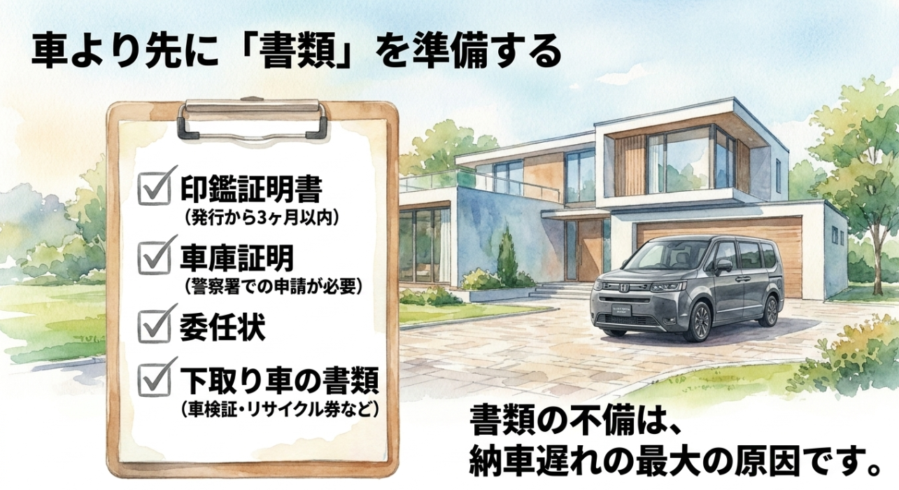 ステップワゴンの納車を遅らせないために必要な印鑑証明書や車庫証明などの書類を示すスライド