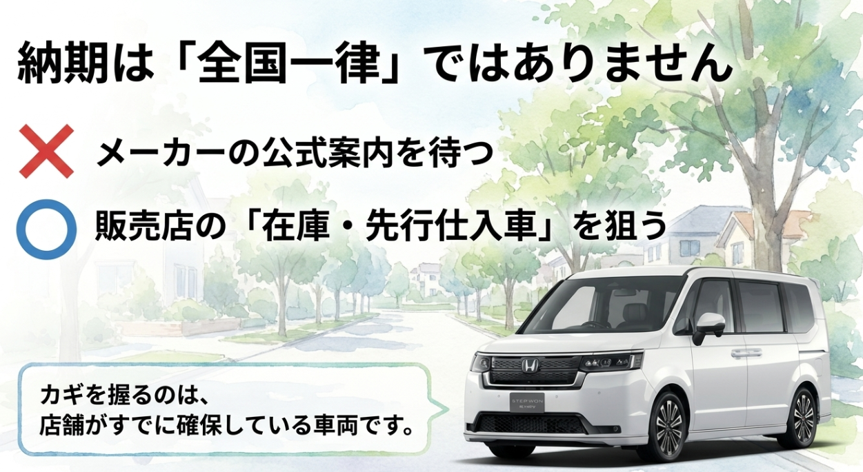 ステップワゴンの納期は全国一律ではなく販売店の在庫車や先行仕入車が重要と説明するスライド