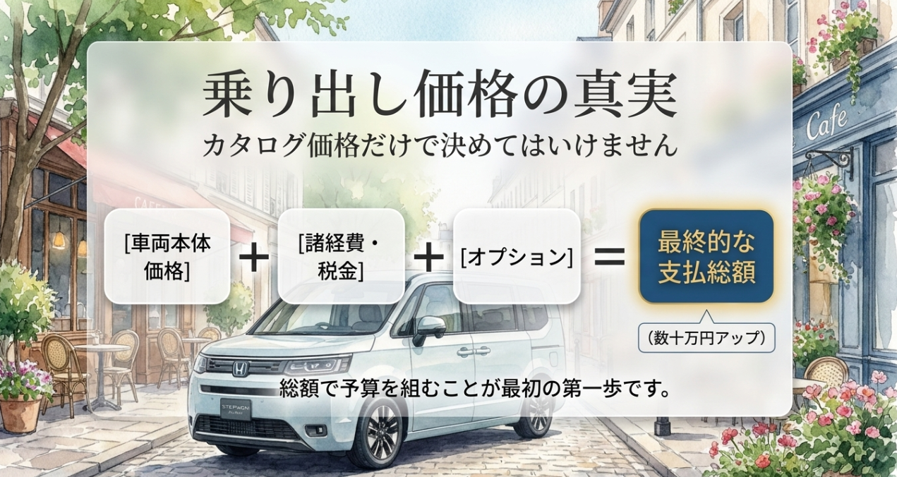ステップワゴンの乗り出し価格は車両本体価格に諸費用とオプションを加えた総額で決まることを示す図