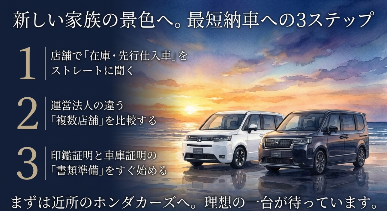 ステップワゴンを最短納車で手に入れるための3つの手順をまとめたスライド