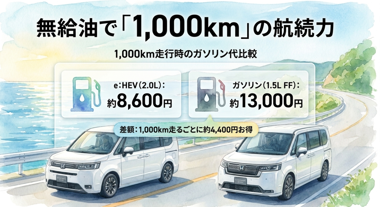 ステップワゴンのe:HEVとガソリン車で1000km走行した際のガソリン代を比較したスライド