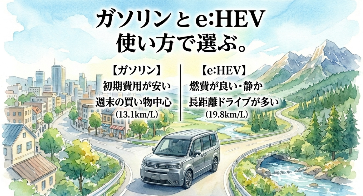 ステップワゴンのガソリン車とeHEVを使い方や燃費で比較するスライド