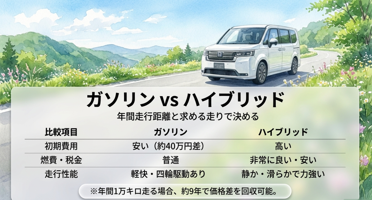 ステップワゴンのガソリン車とハイブリッド車を初期費用や燃費や走行性能で比較した図