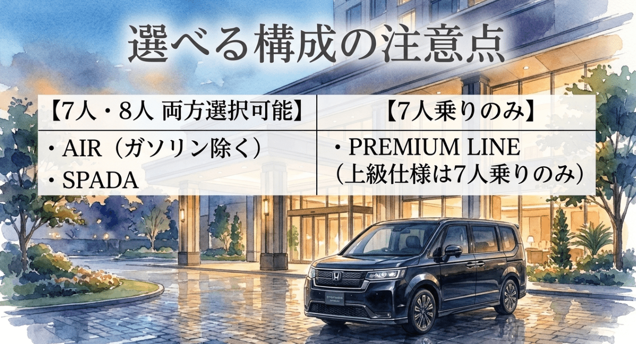ステップワゴンのAIRやSPADAで選べる7人乗りと8人乗りの違いをまとめたスライド