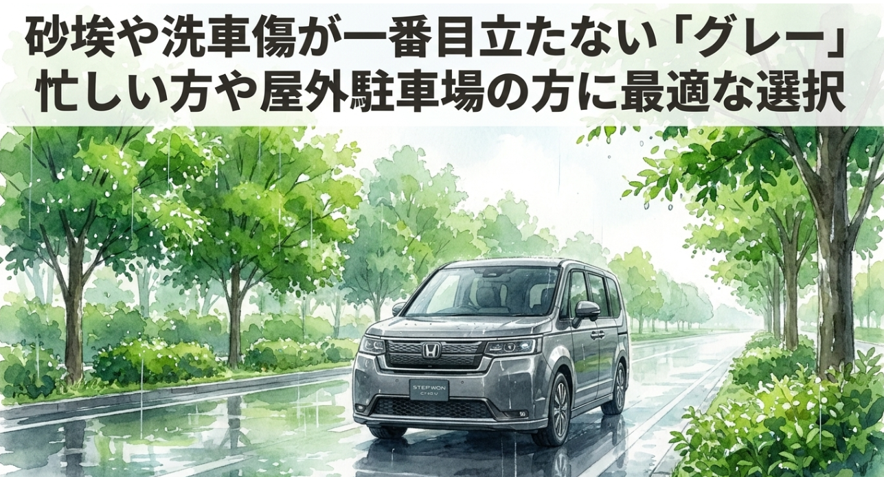 砂埃や洗車傷が目立ちにくいグレー系カラーのステップワゴンを紹介する画像
