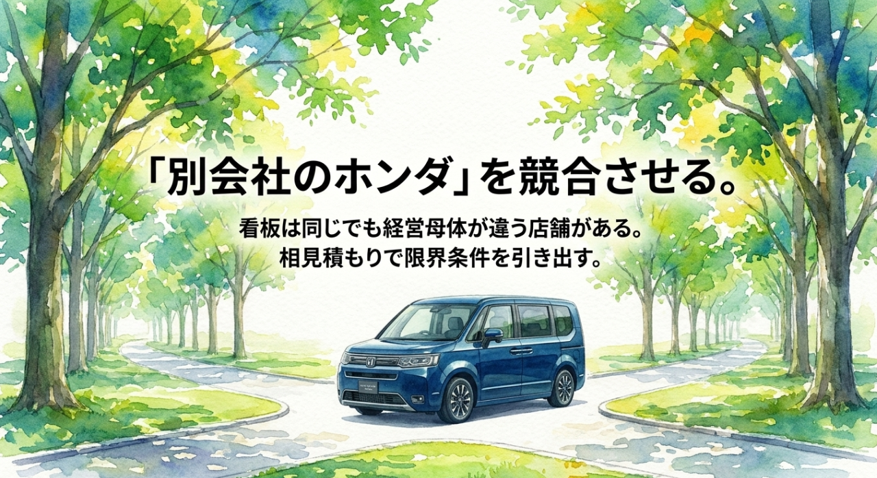 経営母体の異なるホンダ販売店を競合させて条件を引き出す交渉術のスライド