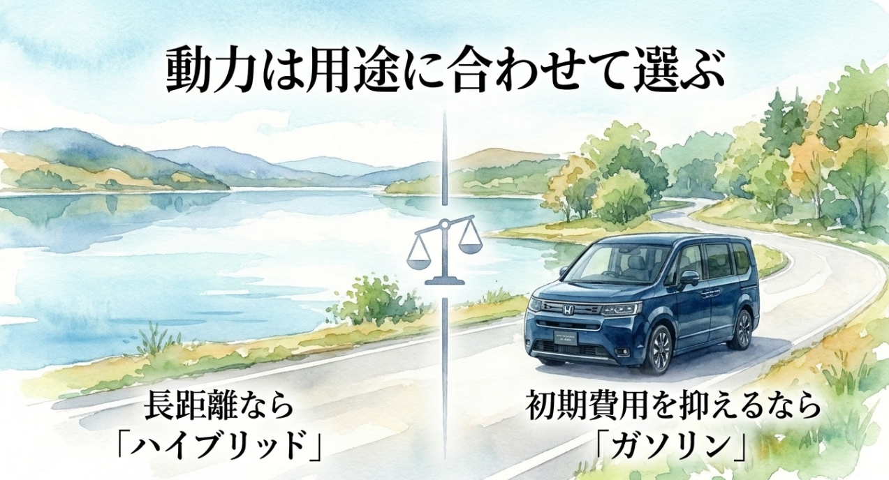 ステップワゴンは長距離ならハイブリッド、初期費用重視ならガソリン車という選び方を示す画像