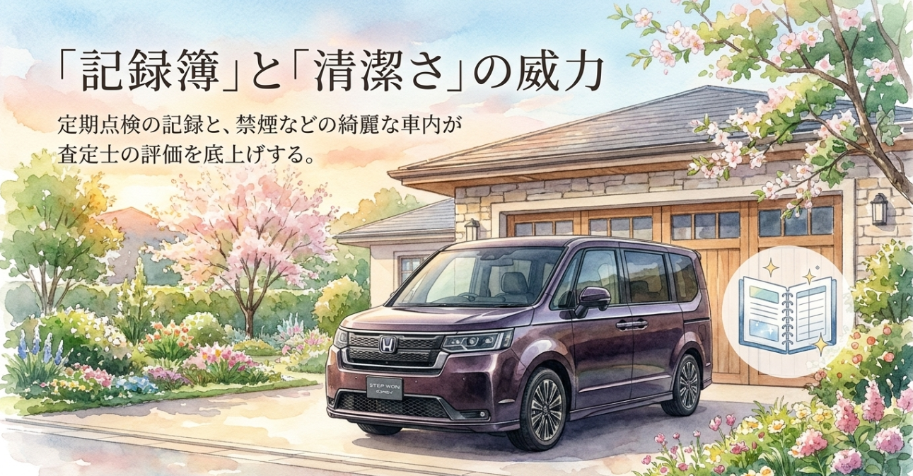 定期点検記録簿と清潔な車内がステップワゴンの査定評価を高めることを示す画像