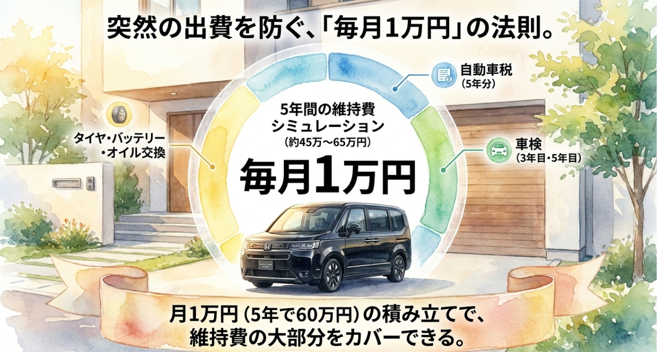 ステップワゴンの維持費に備えて毎月1万円を積み立てる考え方を示したスライド