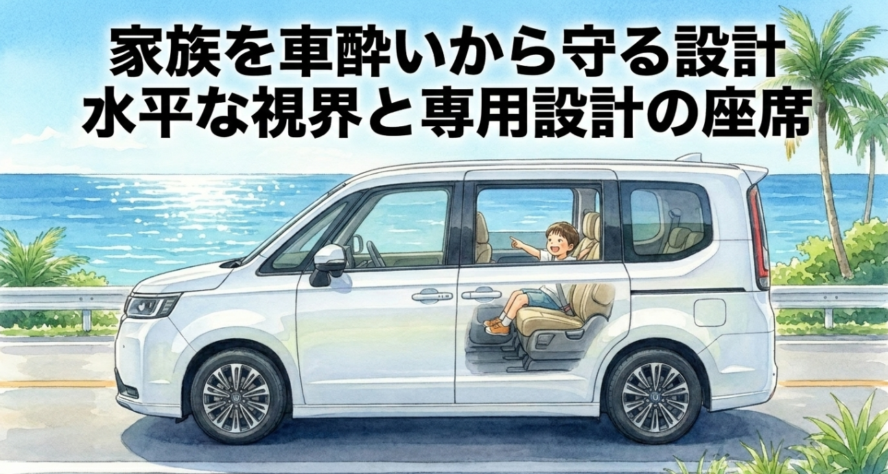 ステップワゴンが家族を車酔いから守る水平な視界と専用設計の座席を紹介する画像