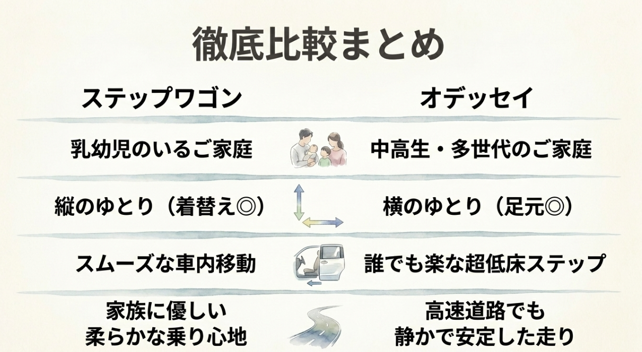 ステップワゴンとオデッセイの向いている家庭や特徴をまとめた比較スライド