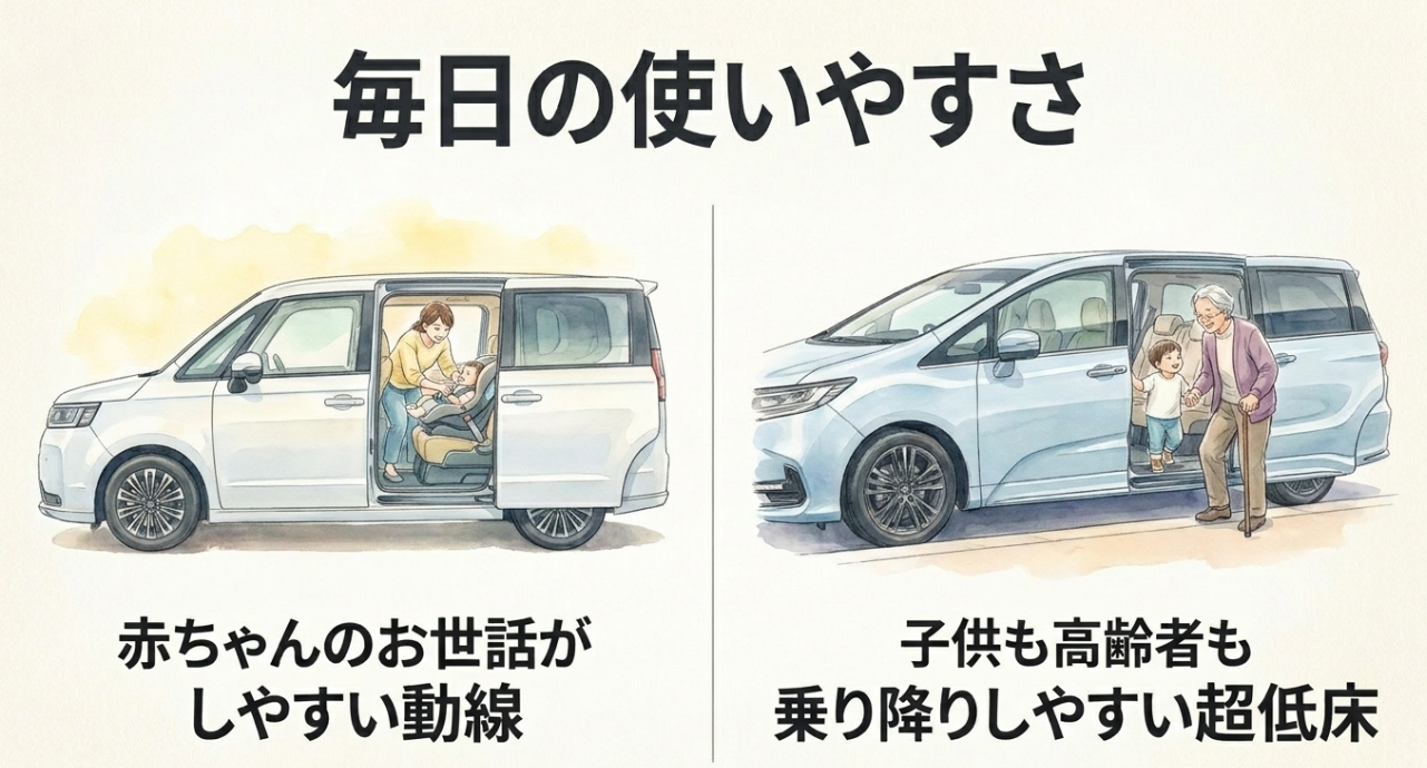 ステップワゴンの赤ちゃんのお世話のしやすさと、オデッセイの乗り降りしやすさを比較するスライド