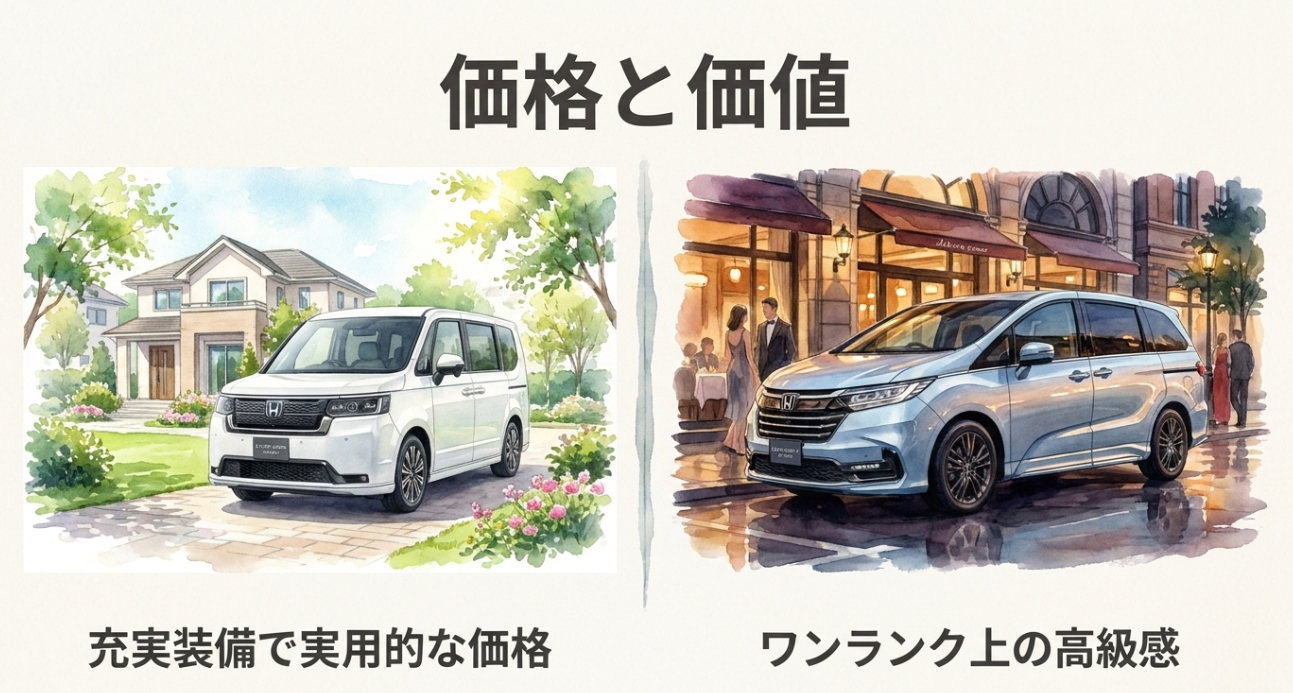 ステップワゴンの実用的な価格と、オデッセイの上質な高級感を比較するスライド