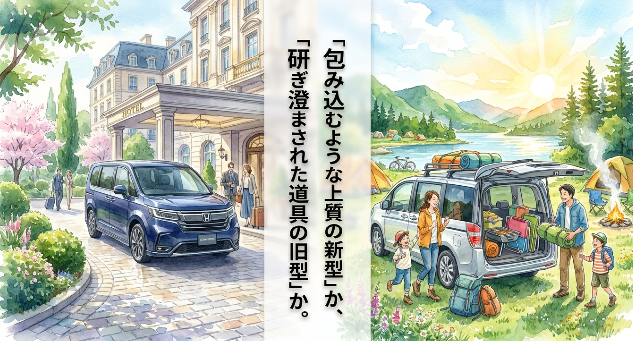 新型ステップワゴンの上質さと旧型ステップワゴンの道具としての魅力を対比したスライド