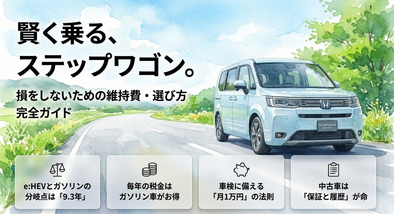 ステップワゴンの維持費や税金、中古車選びのポイントをまとめたガイドの表紙スライド