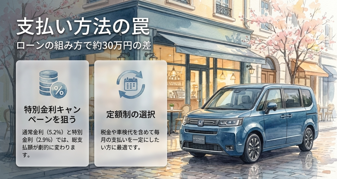 ステップワゴン購入時のローン金利や定額払いによる支払総額の違いを示す図