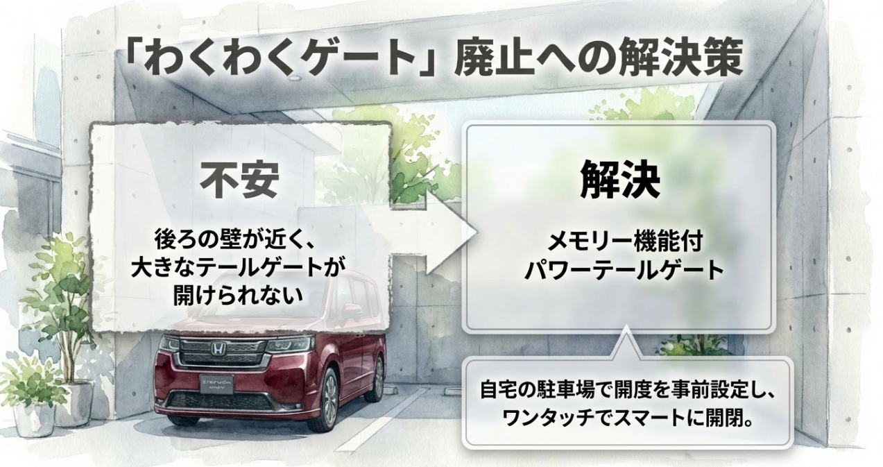 わくわくゲート廃止後の解決策としてメモリー機能付きパワーテールゲートを紹介するスライド