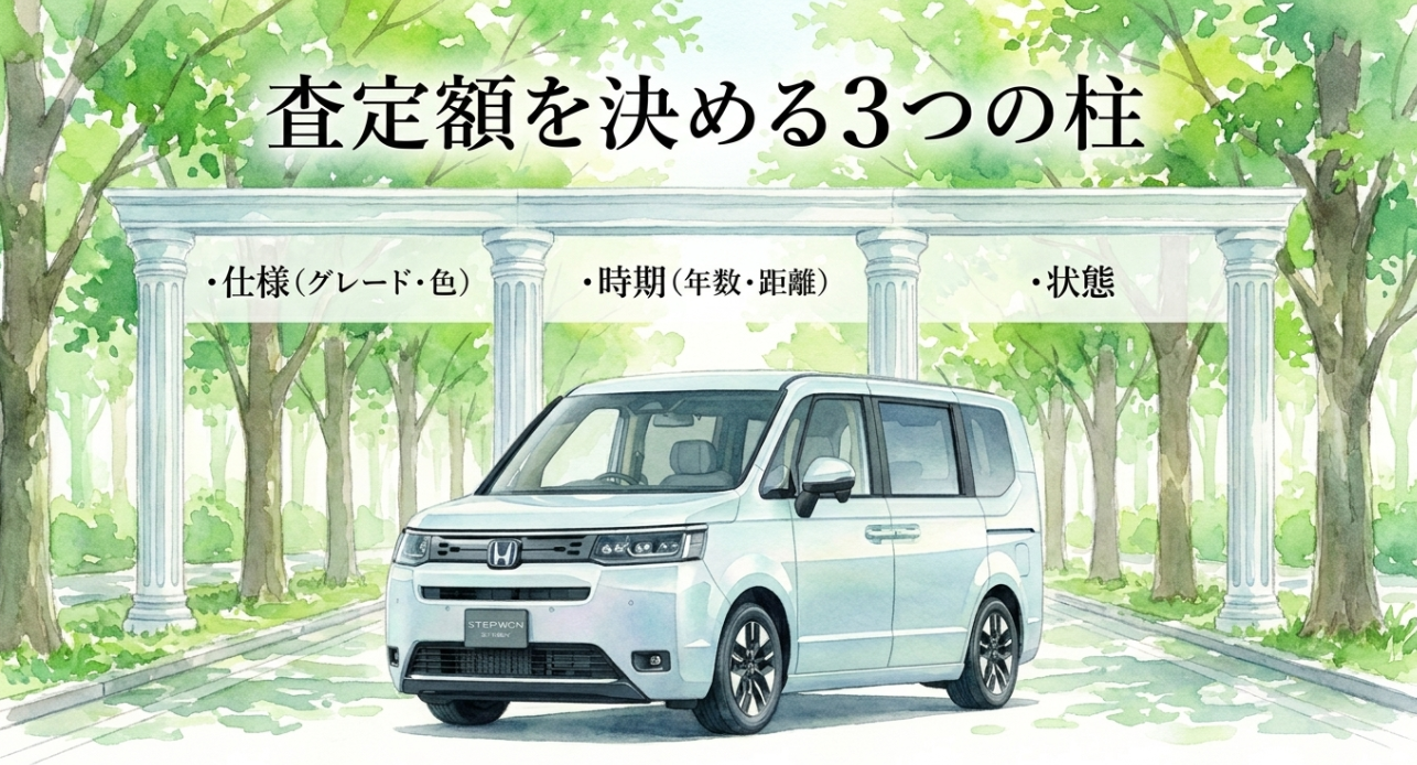 ステップワゴンの査定額を決める仕様、時期、状態の3要素を示す図