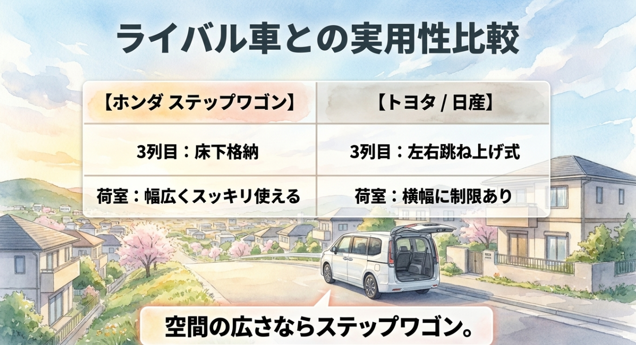 ステップワゴンとトヨタ・日産系ミニバンの3列目格納方式と荷室の使いやすさを比較する表