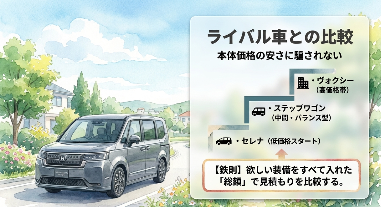ステップワゴンとヴォクシーとセレナの価格帯を比較する図