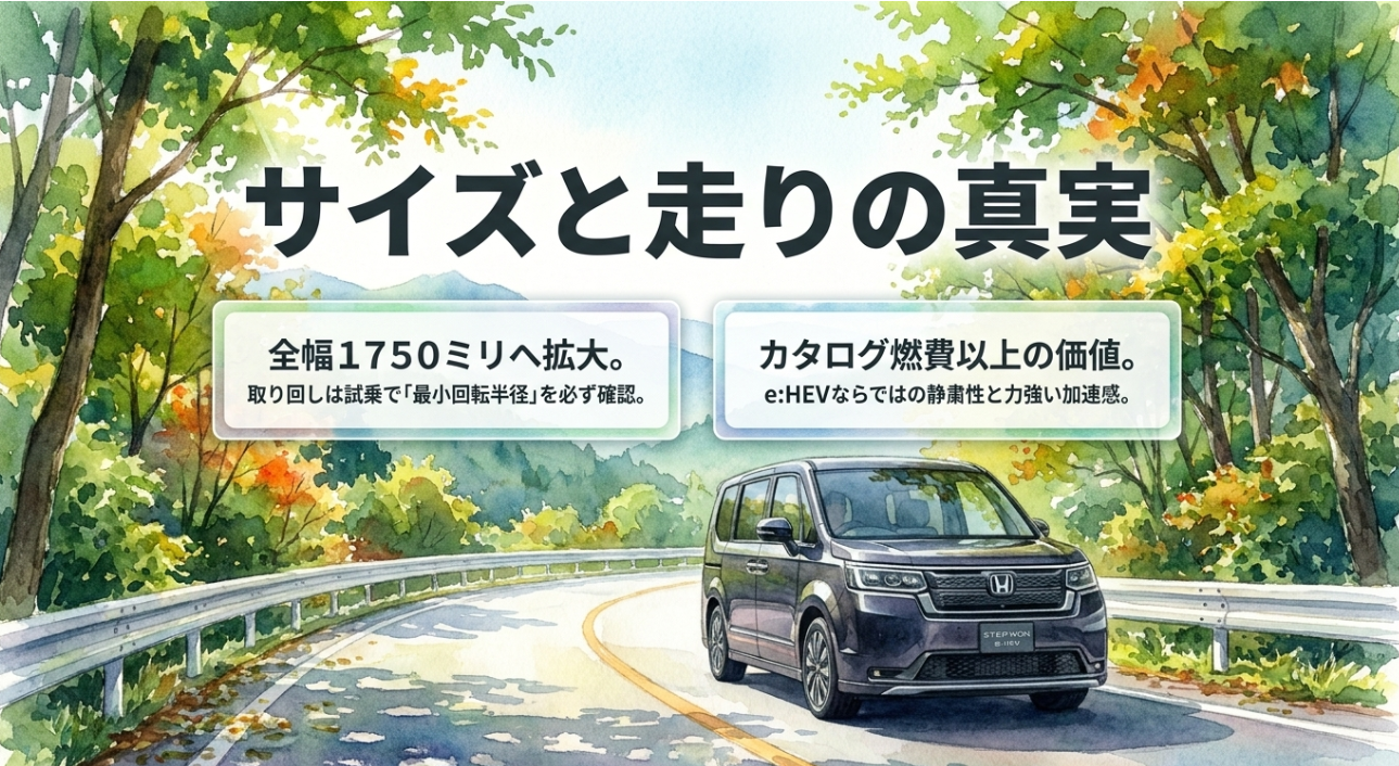 新型ステップワゴンの全幅1750ミリと走りの価値を説明するスライド