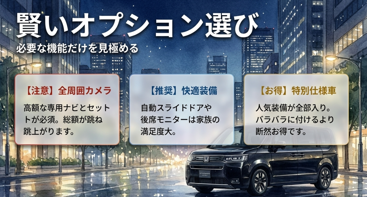 ステップワゴンのオプション選びで全周囲カメラや快適装備や特別仕様車を比較する図