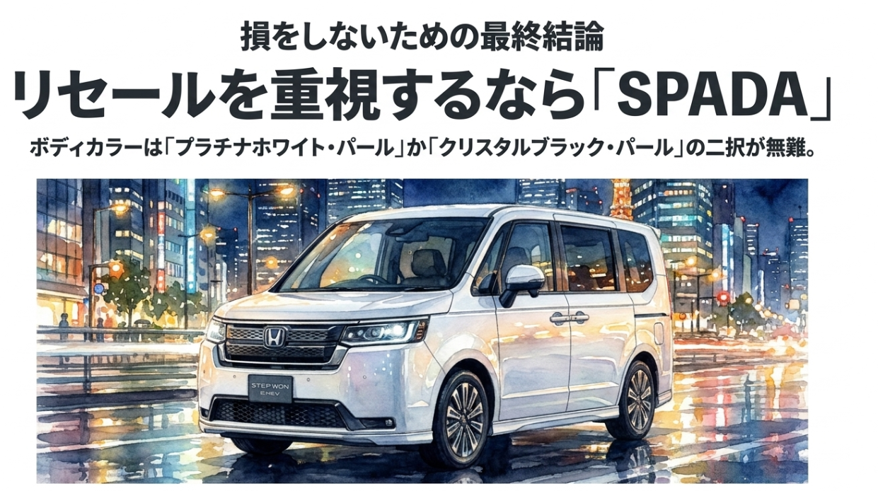 リセール重視ならステップワゴンスパーダと定番ボディカラーが無難であることを示すスライド