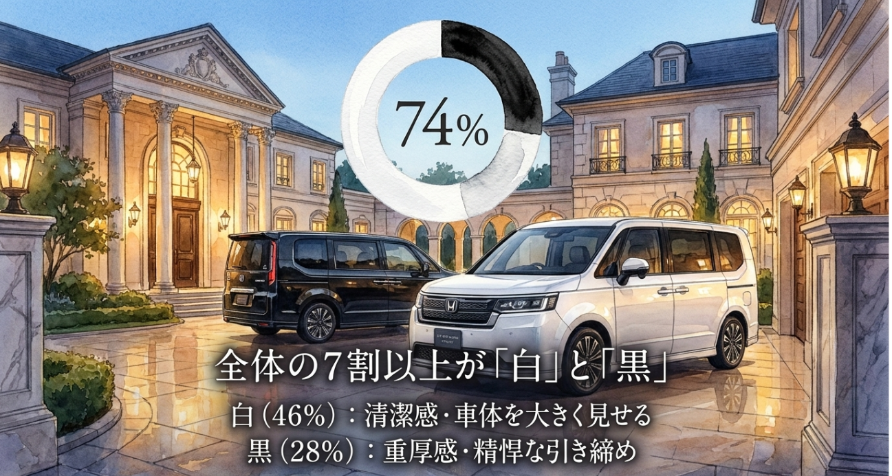 ステップワゴンスパーダでは白と黒が全体の74パーセントを占める人気色であることを示す図