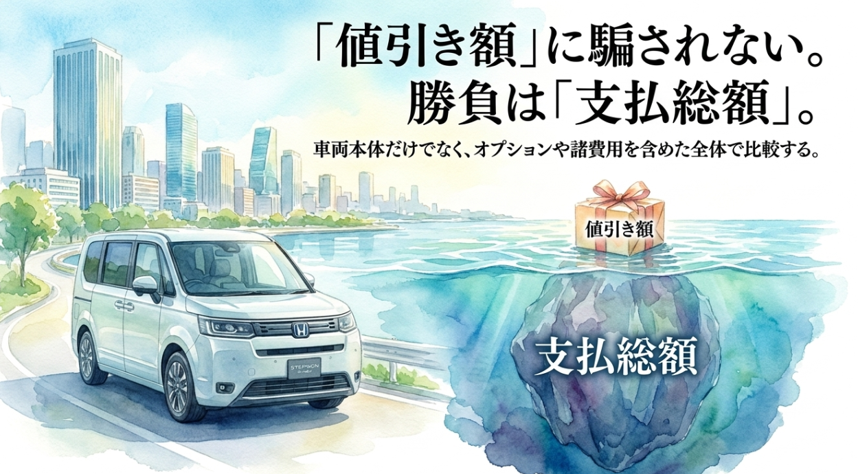 ステップワゴン購入では値引き額ではなく支払総額で比較する重要性を示すスライド