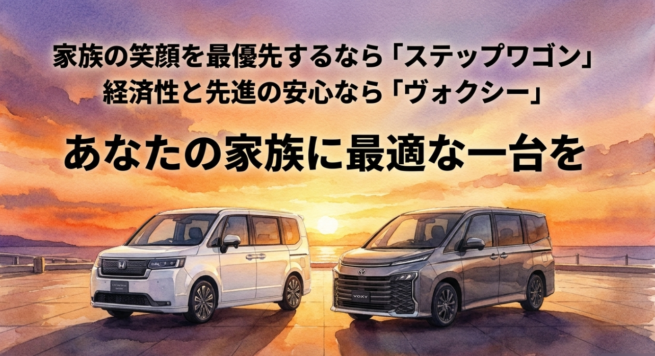 家族の笑顔を優先するならステップワゴン、経済性と先進の安心ならヴォクシーというまとめ画像