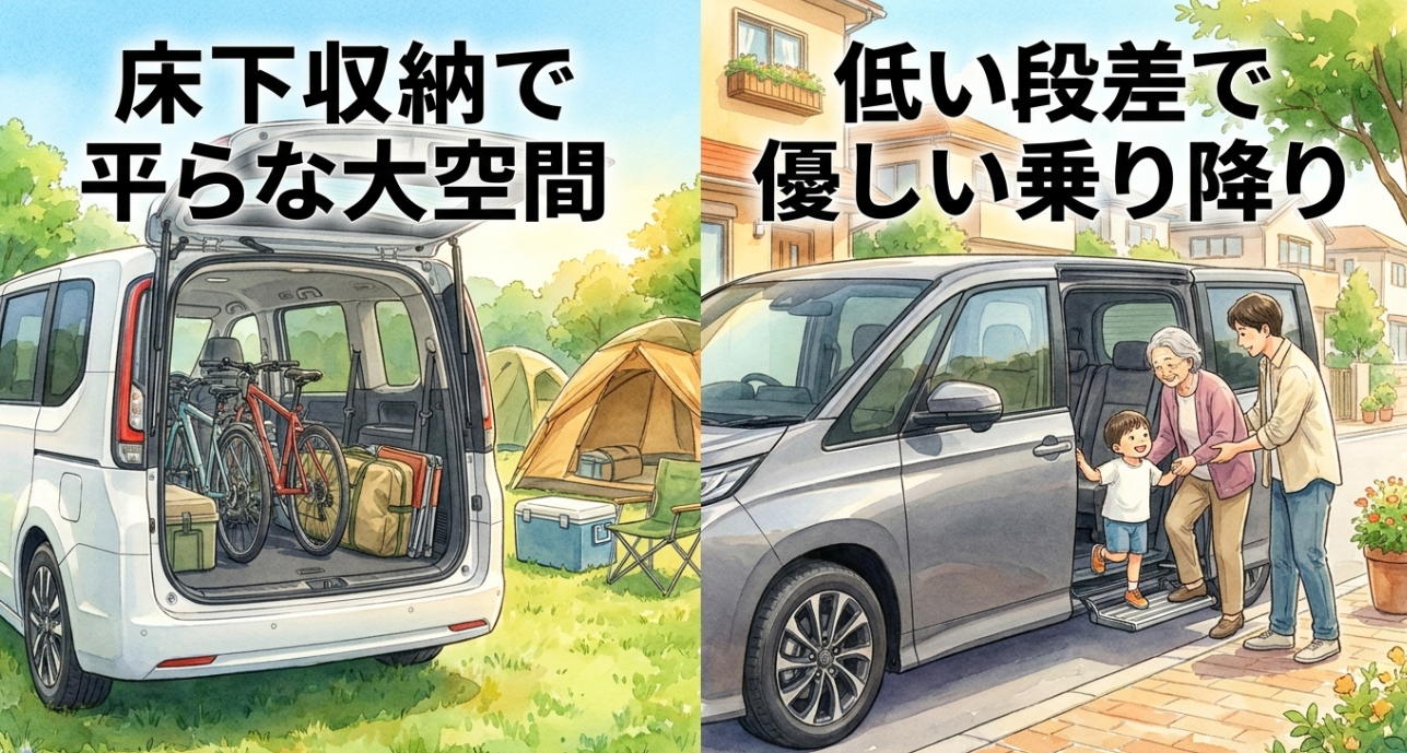 ステップワゴンの床下収納による平らな荷室とヴォクシーの低い段差での乗り降りを比較する画像
