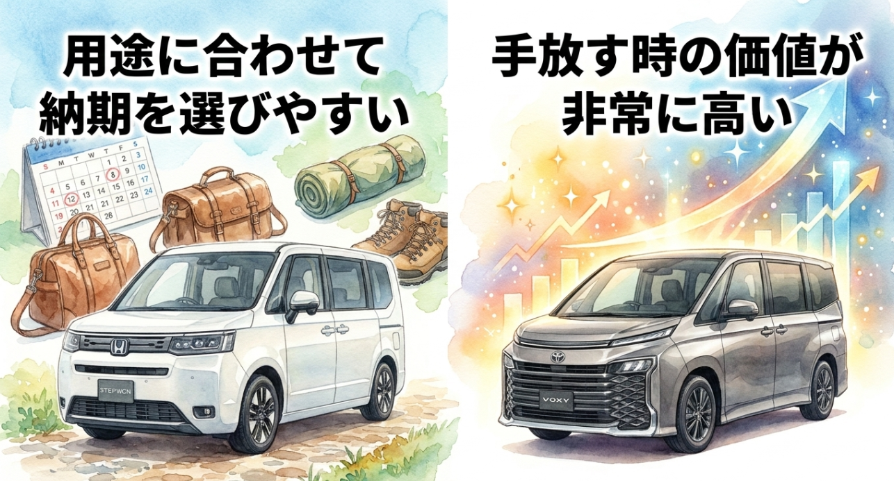 ステップワゴンの納期の選びやすさとヴォクシーの手放す時の価値を比較する画像