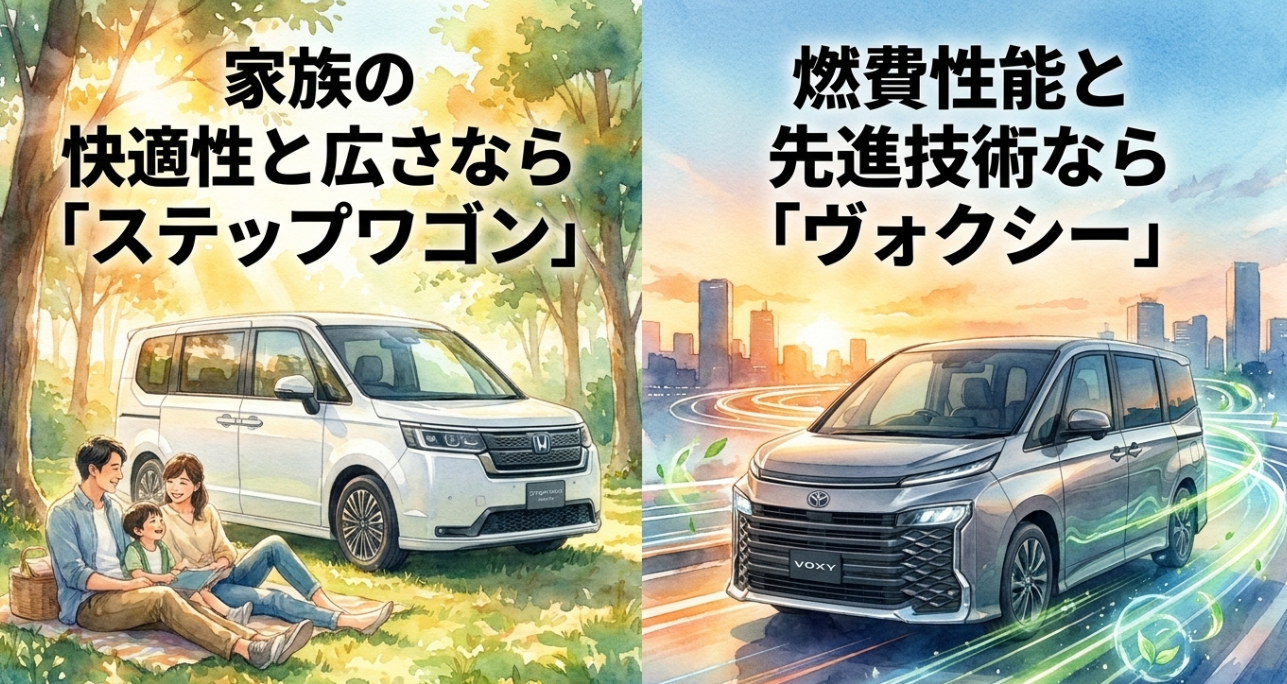 家族の快適性ならステップワゴン、燃費性能と先進技術ならヴォクシーを示す比較画像