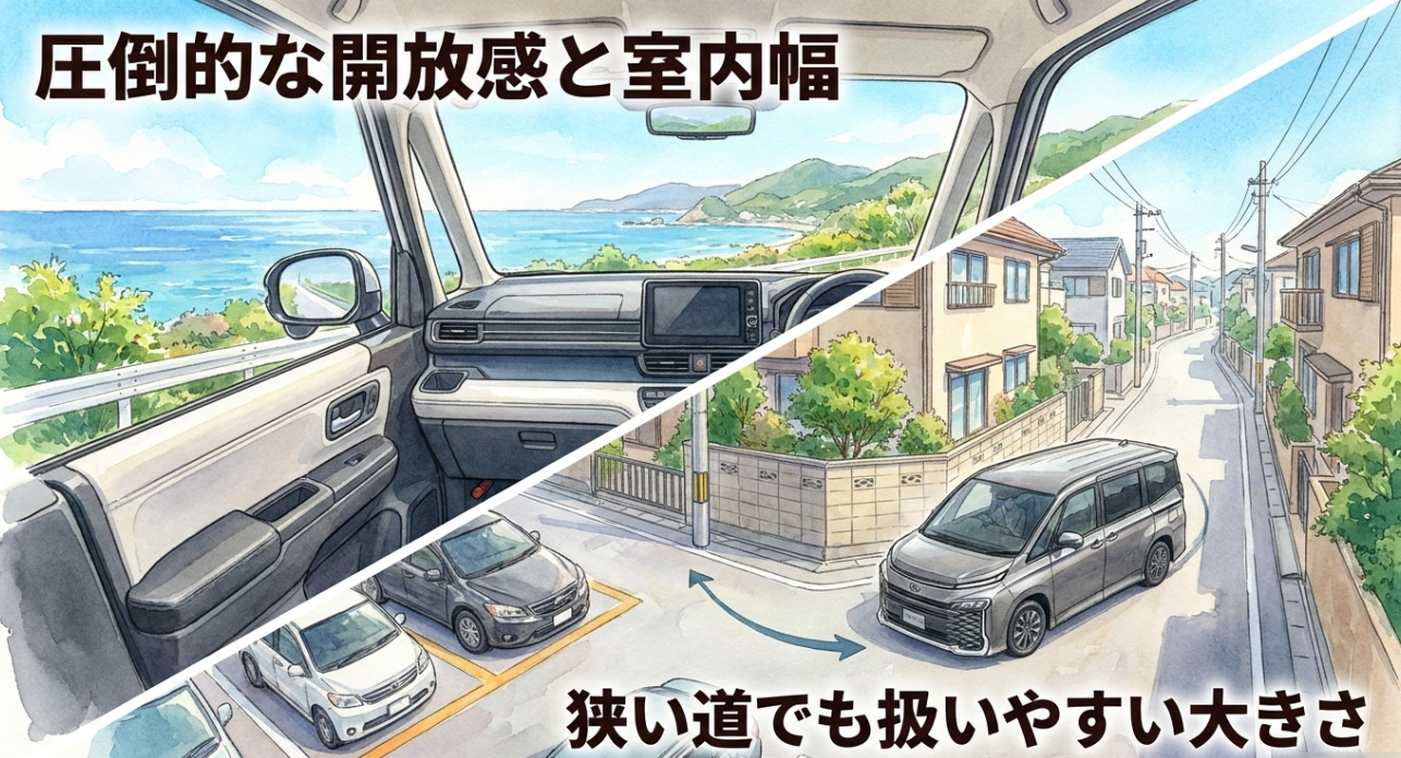 ステップワゴンの室内幅と開放感、ヴォクシーの狭い道での扱いやすさを比較する画像