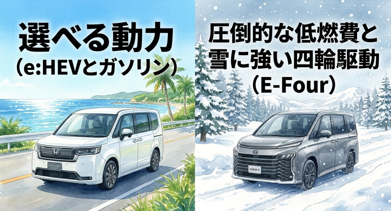 ステップワゴンのeHEVとガソリン、ヴォクシーの低燃費とE-Four四輪駆動を比較する画像