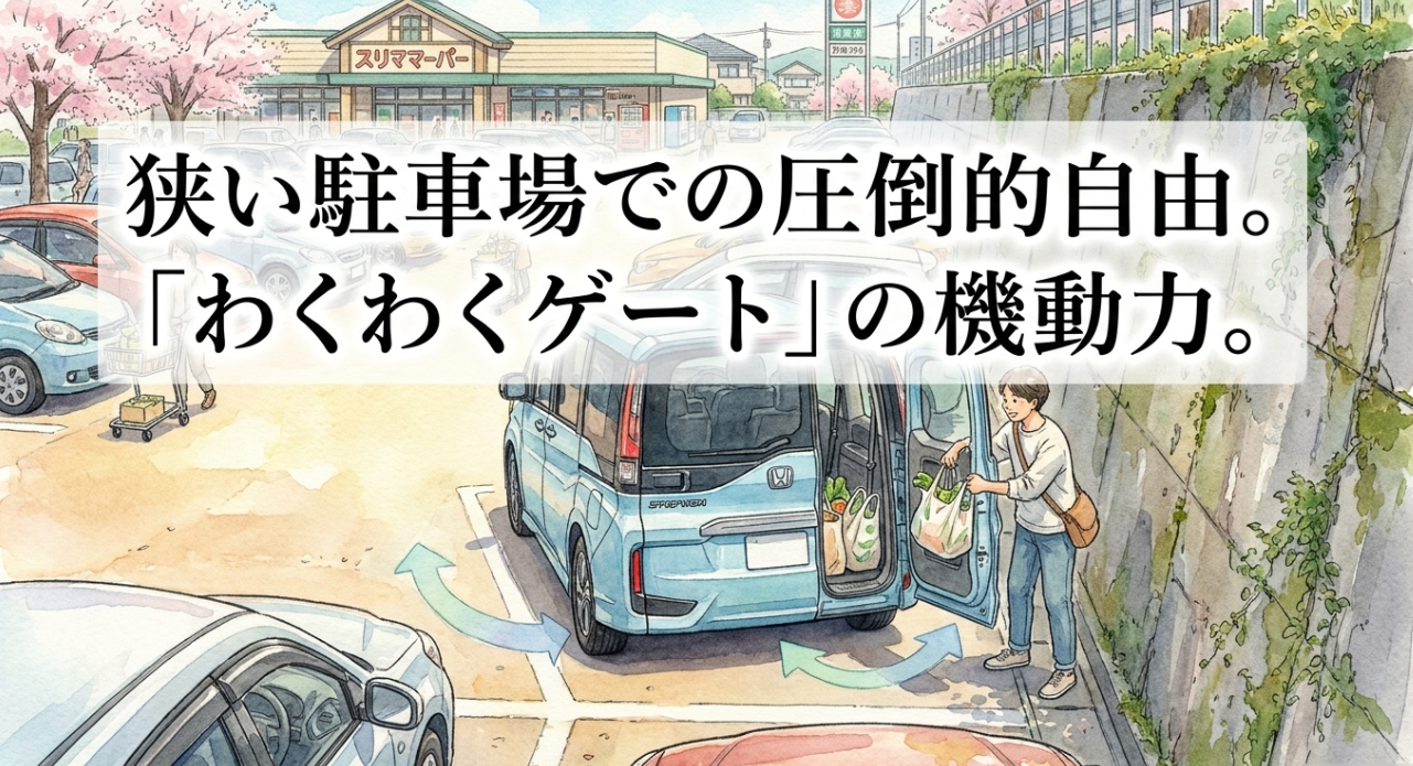 狭い駐車場でも荷物を出し入れしやすい旧型ステップワゴンのわくわくゲートを示したスライド
