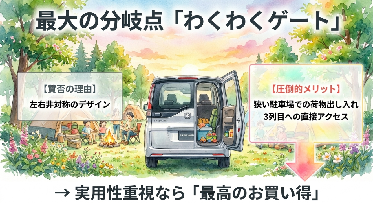 ステップワゴンのわくわくゲートの賛否と荷物の出し入れや3列目アクセスの実用性を解説する画像