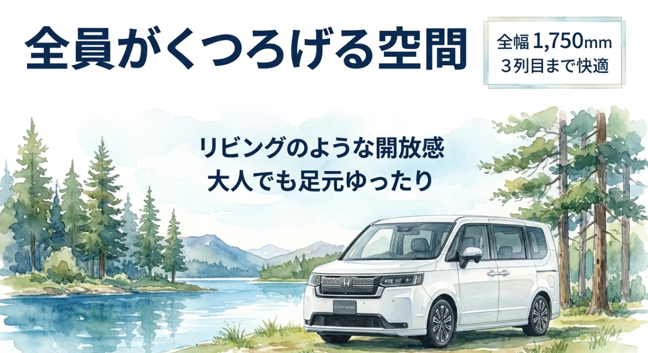 ステップワゴンの全幅1750mmと3列目まで快適な室内空間を説明するスライド