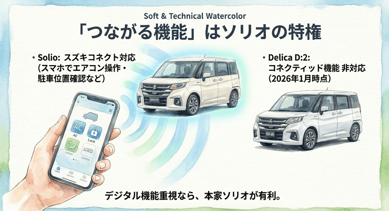 スズキコネクト対応のソリオと、コネクティッド機能非対応のデリカD:2の機能差を解説するスライド